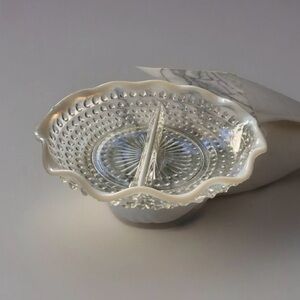 Anchor Hocking Hobnail Moonstone Clear Opalescent Ruffled Crimple Divided Dish